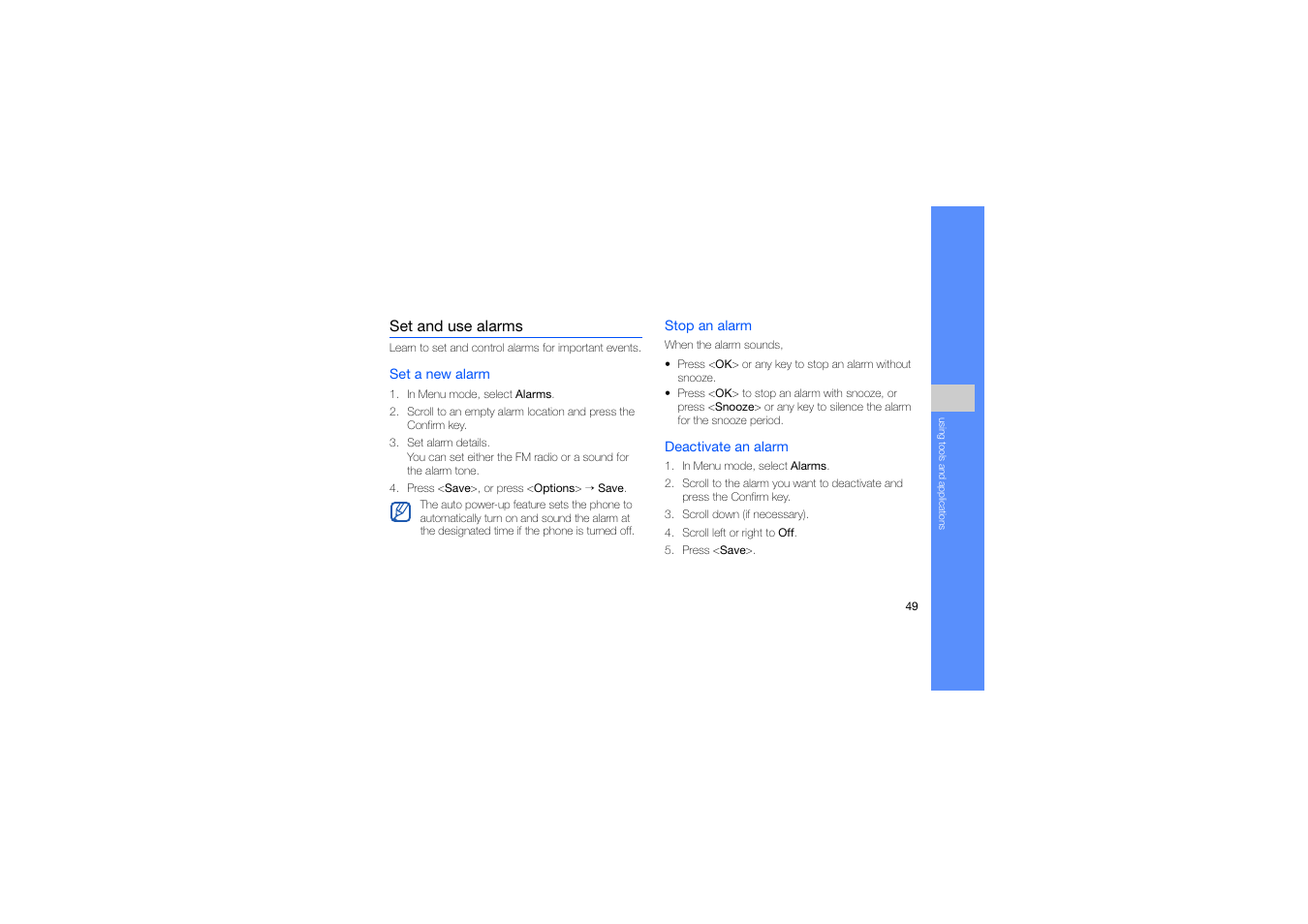 Set and use alarms | Samsung B2100 User Manual | Page 53 / 63
