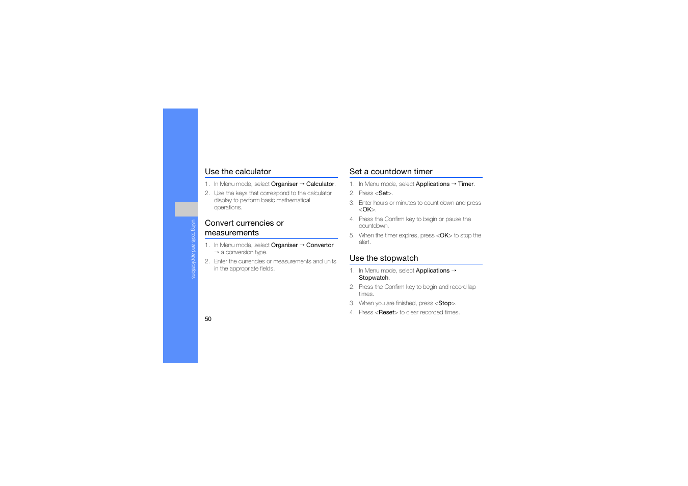 Use the calculator, Convert currencies or measurements, Set a countdown timer | Use the stopwatch | Samsung B2100 User Manual | Page 54 / 63