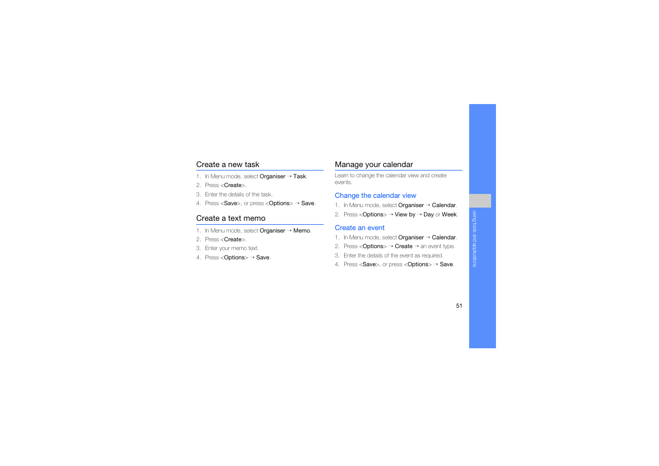 Create a new task, Create a text memo, Manage your calendar | Samsung B2100 User Manual | Page 55 / 63
