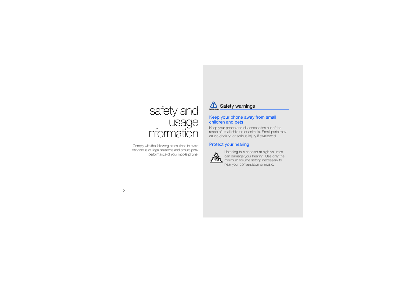 Safety and usage information, Safety warnings | Samsung B2100 User Manual | Page 6 / 63