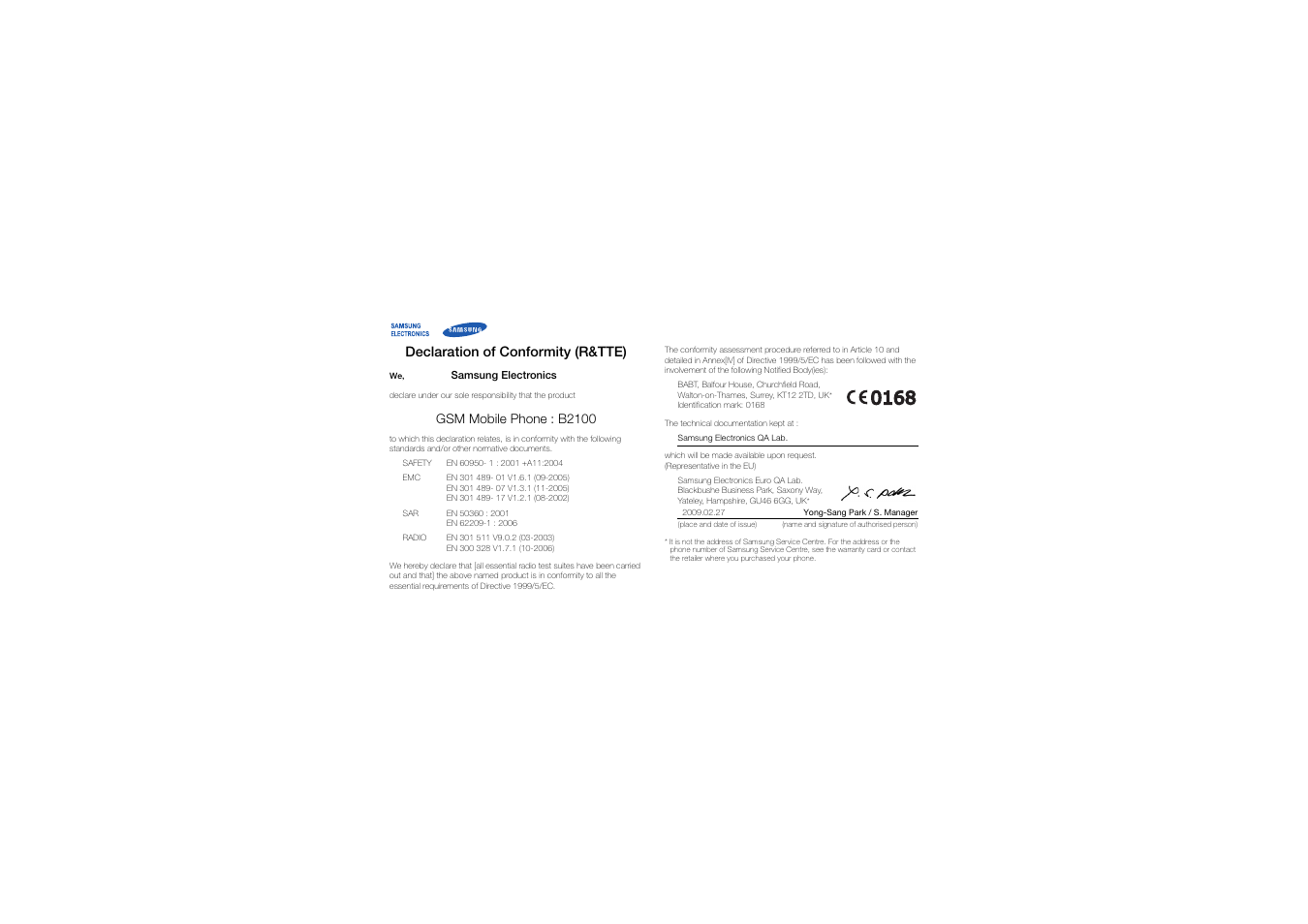 Declaration of conformity (r&tte) | Samsung B2100 User Manual | Page 62 / 63
