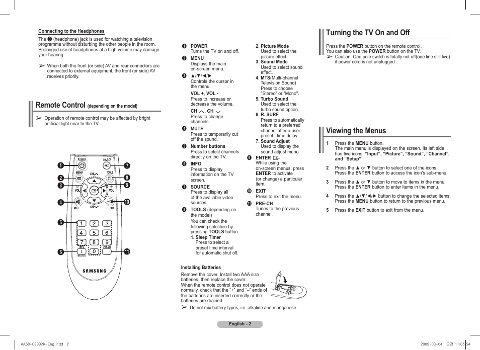 Turning the tv on and off, Viewing the menus, Remote control | Samsung 2Z47 User Manual | Page 2 / 8