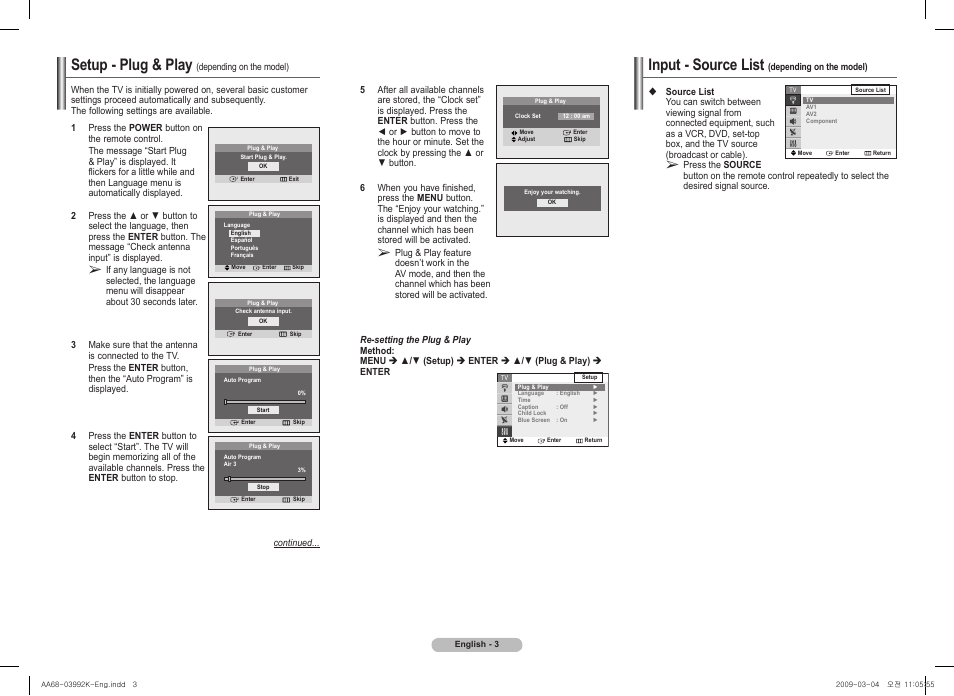 Input - source list, Setup - plug & play | Samsung 2Z47 User Manual | Page 3 / 8