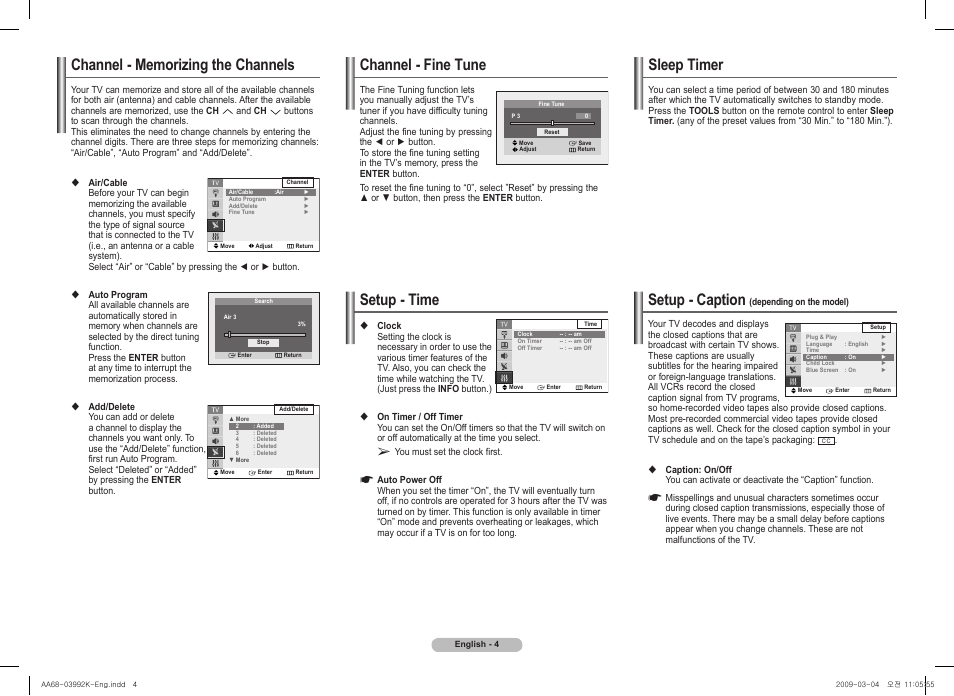 Channel - fine tune, Setup - time, Sleep timer | Setup - caption | Samsung 2Z47 User Manual | Page 4 / 8