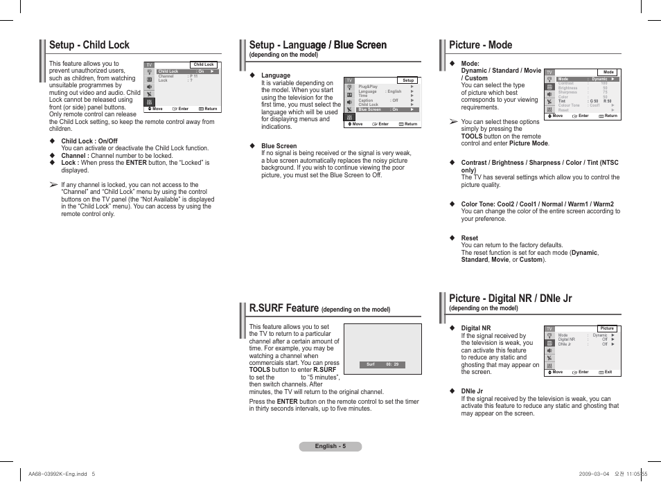 Setup - language / blue screen age / blue screen, R.surf feature, Setup - child lock | Picture - mode, Picture - digital nr / dnie jr | Samsung 2Z47 User Manual | Page 5 / 8