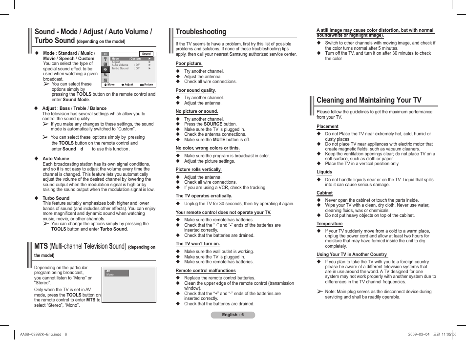 Troubleshooting, Sound - mode / adjust / auto volume / turbo sound, Mts ( m ulti-channel t elevision s ound) | Cleaning and maintaining your tv | Samsung 2Z47 User Manual | Page 6 / 8