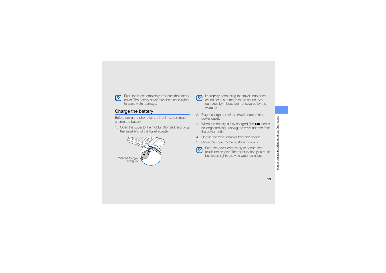 Charge the battery | Samsung B2700 User Manual | Page 23 / 63