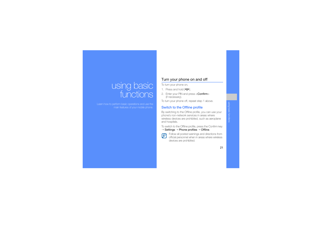 Using basic functions, Turn your phone on and off | Samsung B2700 User Manual | Page 25 / 63