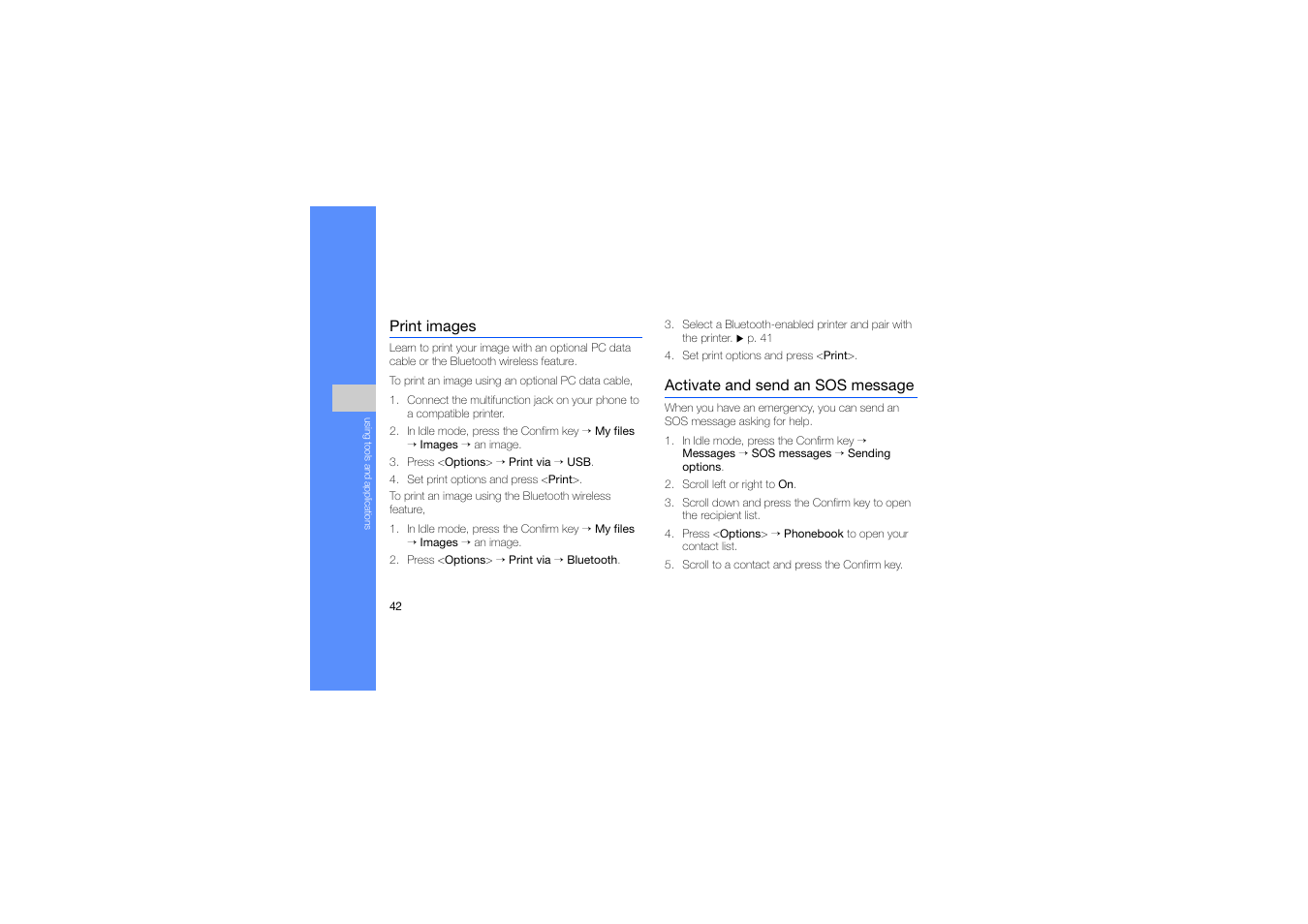 Print images, Activate and send an sos message, Print images activate and send an sos message | Samsung B2700 User Manual | Page 46 / 63