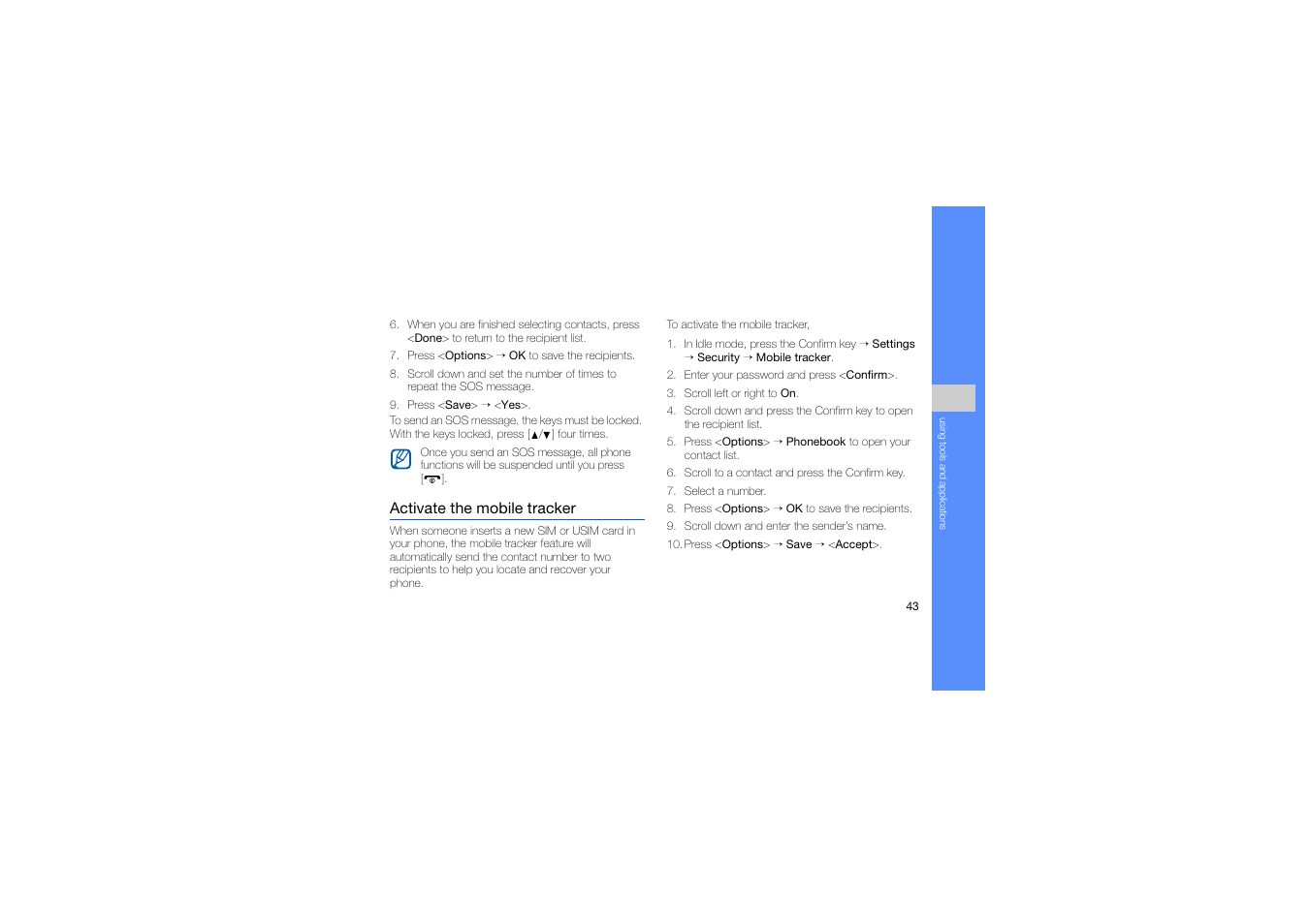 Activate the mobile tracker | Samsung B2700 User Manual | Page 47 / 63