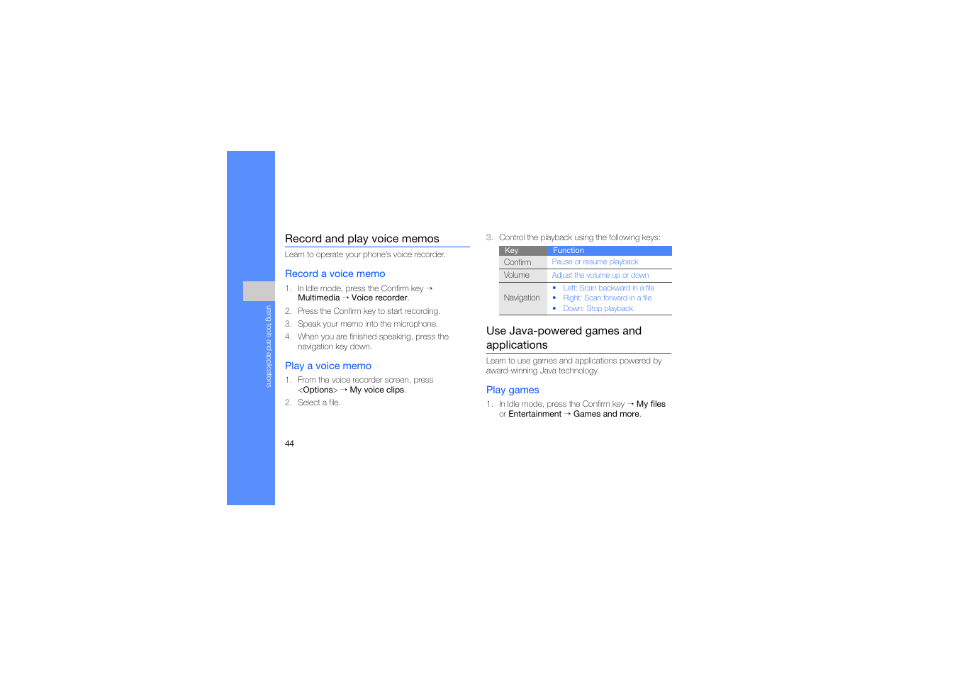 Record and play voice memos, Use java-powered games and applications | Samsung B2700 User Manual | Page 48 / 63