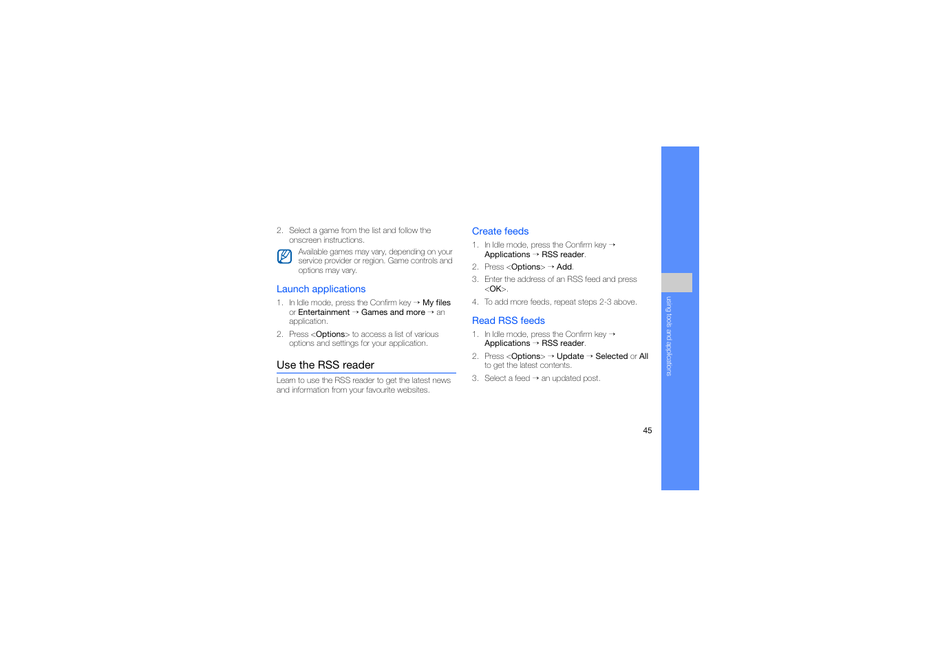 Use the rss reader | Samsung B2700 User Manual | Page 49 / 63