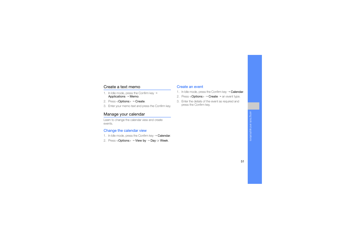 Create a text memo, Manage your calendar, Create a text memo manage your calendar | Samsung B2700 User Manual | Page 55 / 63