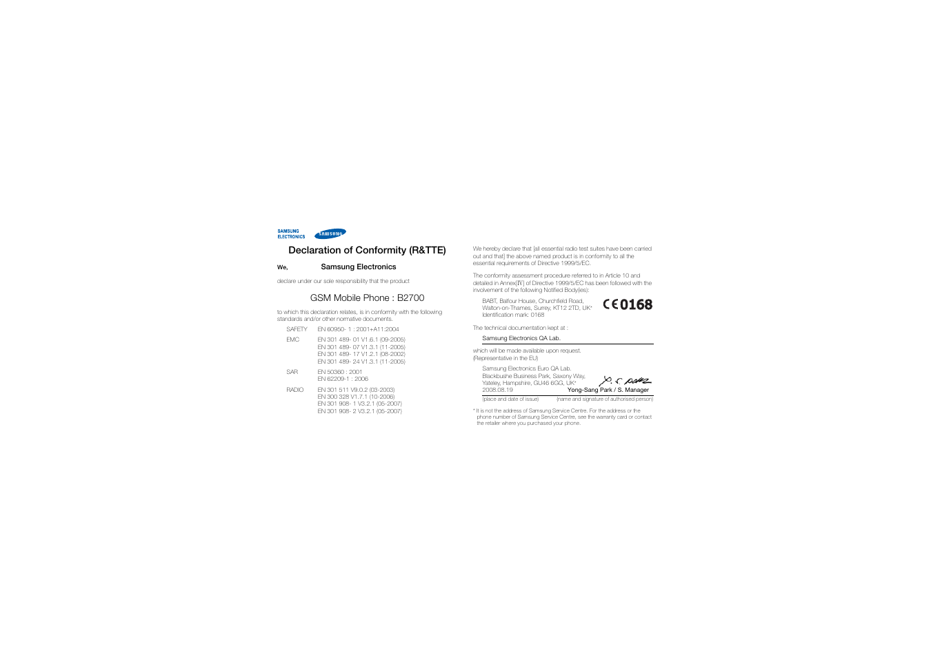 Declaration of conformity (r&tte) | Samsung B2700 User Manual | Page 62 / 63