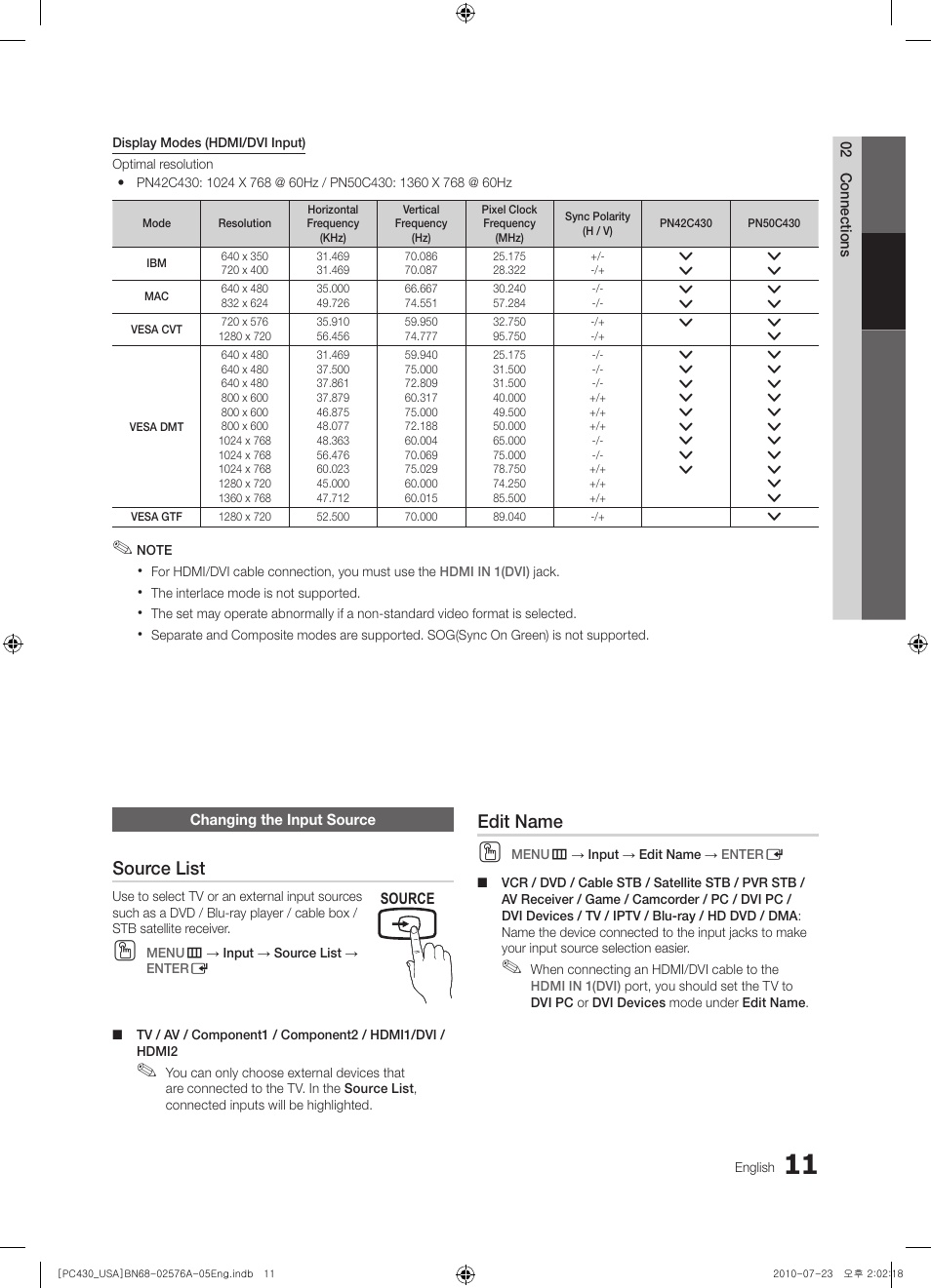 Changing the input source, Source list, Edit name | Samsung BN68-02576A-06 User Manual | Page 11 / 38