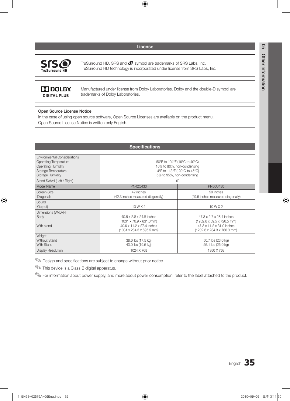 Specifications | Samsung BN68-02576A-06 User Manual | Page 35 / 38