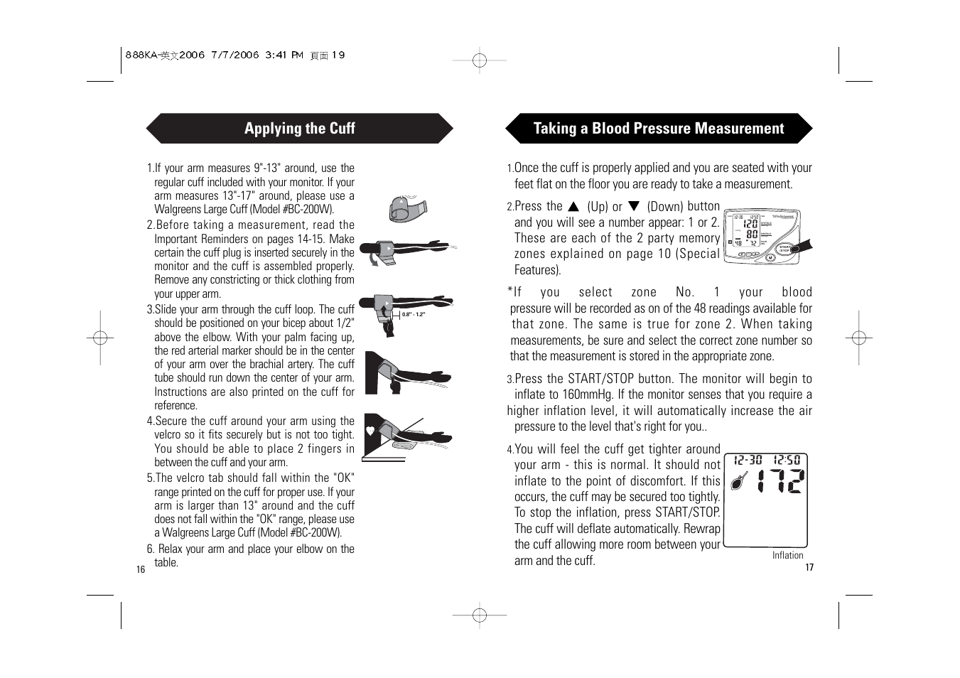 Applying the cuff, Taking a blood pressure measurement, Time | Date | Samsung BA-716W User Manual | Page 10 / 30