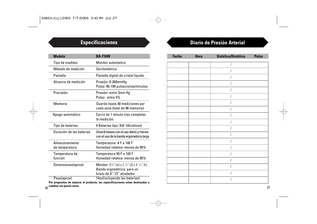 Especificaciones, Diario de presión arterial | Samsung BA-716W User Manual | Page 28 / 30