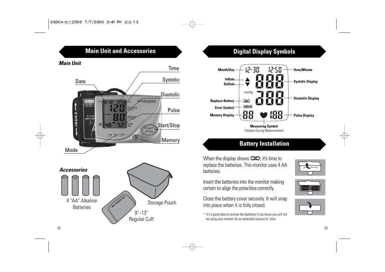 Main unit and accessories, Digital display symbols, Battery installation | Samsung BA-716W User Manual | Page 7 / 30