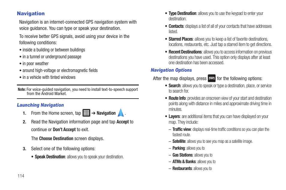 Navigation | Samsung GALAXY Tab SGH-I987 User Manual | Page 118 / 149