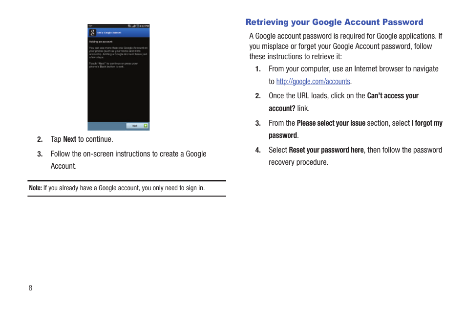 Retrieving your google account password | Samsung GALAXY Tab SGH-I987 User Manual | Page 12 / 149