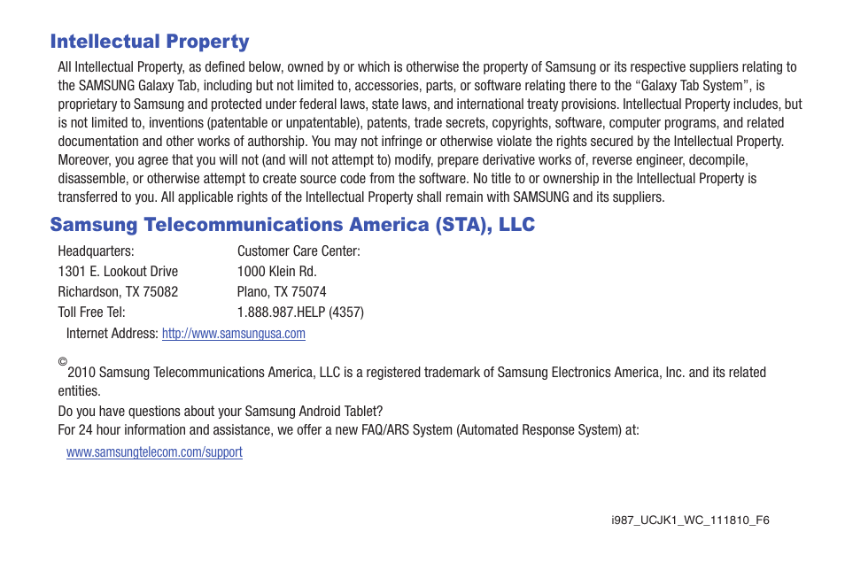 Intellectual property, Samsung telecommunications america (sta), llc | Samsung GALAXY Tab SGH-I987 User Manual | Page 2 / 149