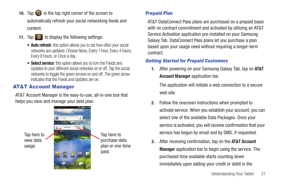 At&t account manager, Plan. for more information, refer to | Samsung GALAXY Tab SGH-I987 User Manual | Page 25 / 149