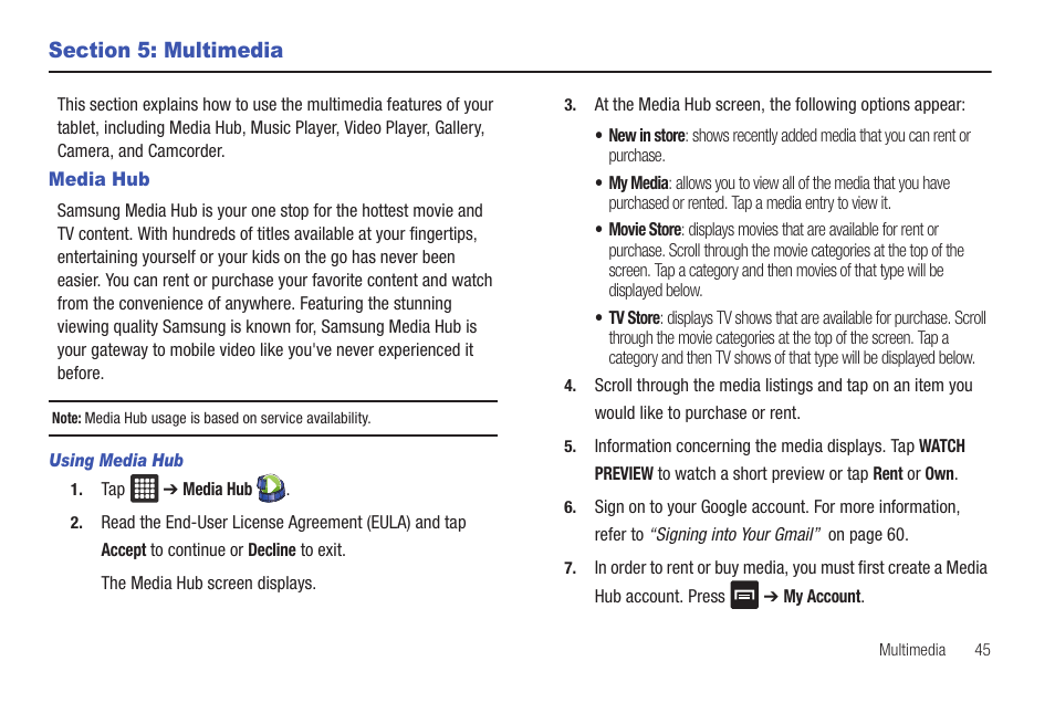 Section 5: multimedia, Media hub | Samsung GALAXY Tab SGH-I987 User Manual | Page 49 / 149