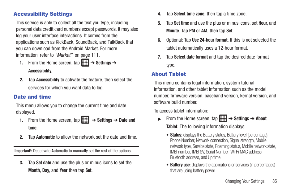 Accessibility settings, Date and time, About tablet | Accessibility settings date and time about tablet | Samsung GALAXY Tab SGH-I987 User Manual | Page 89 / 149