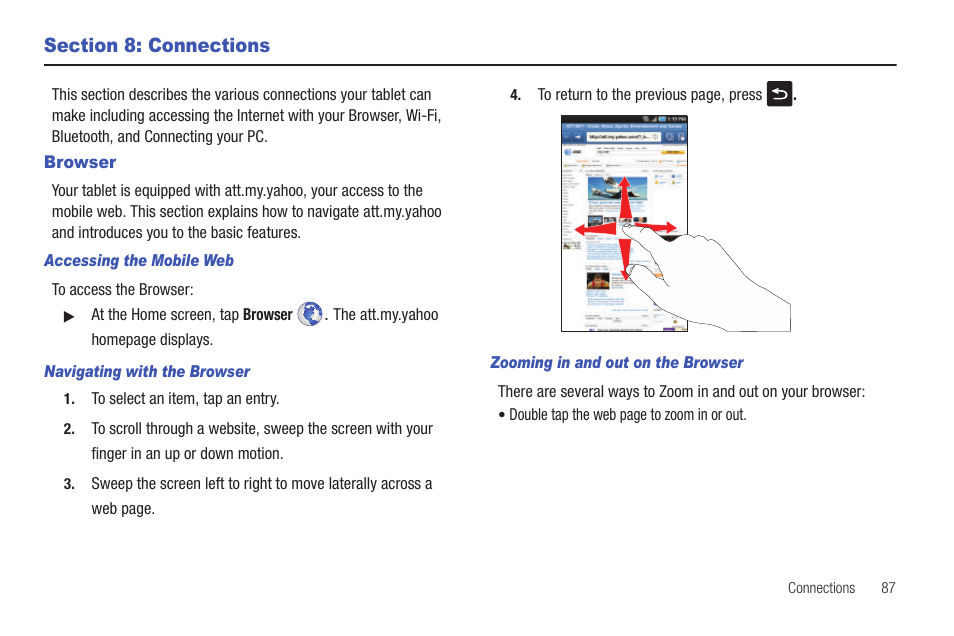 Section 8: connections, Browser | Samsung GALAXY Tab SGH-I987 User Manual | Page 91 / 149