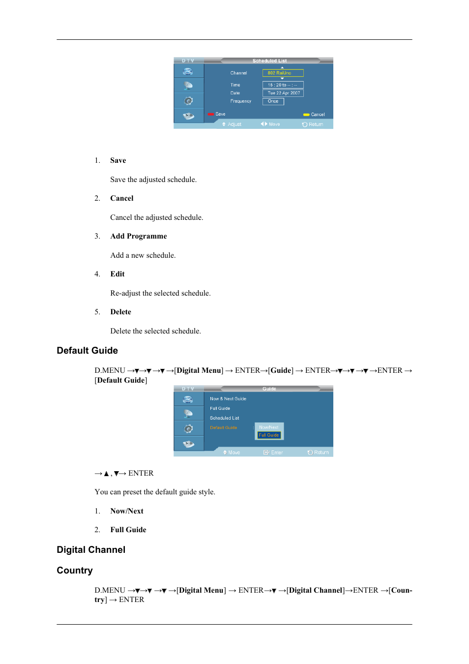 Default guide, Digital channel, Country | Samsung SBB-NT User Manual | Page 12 / 23