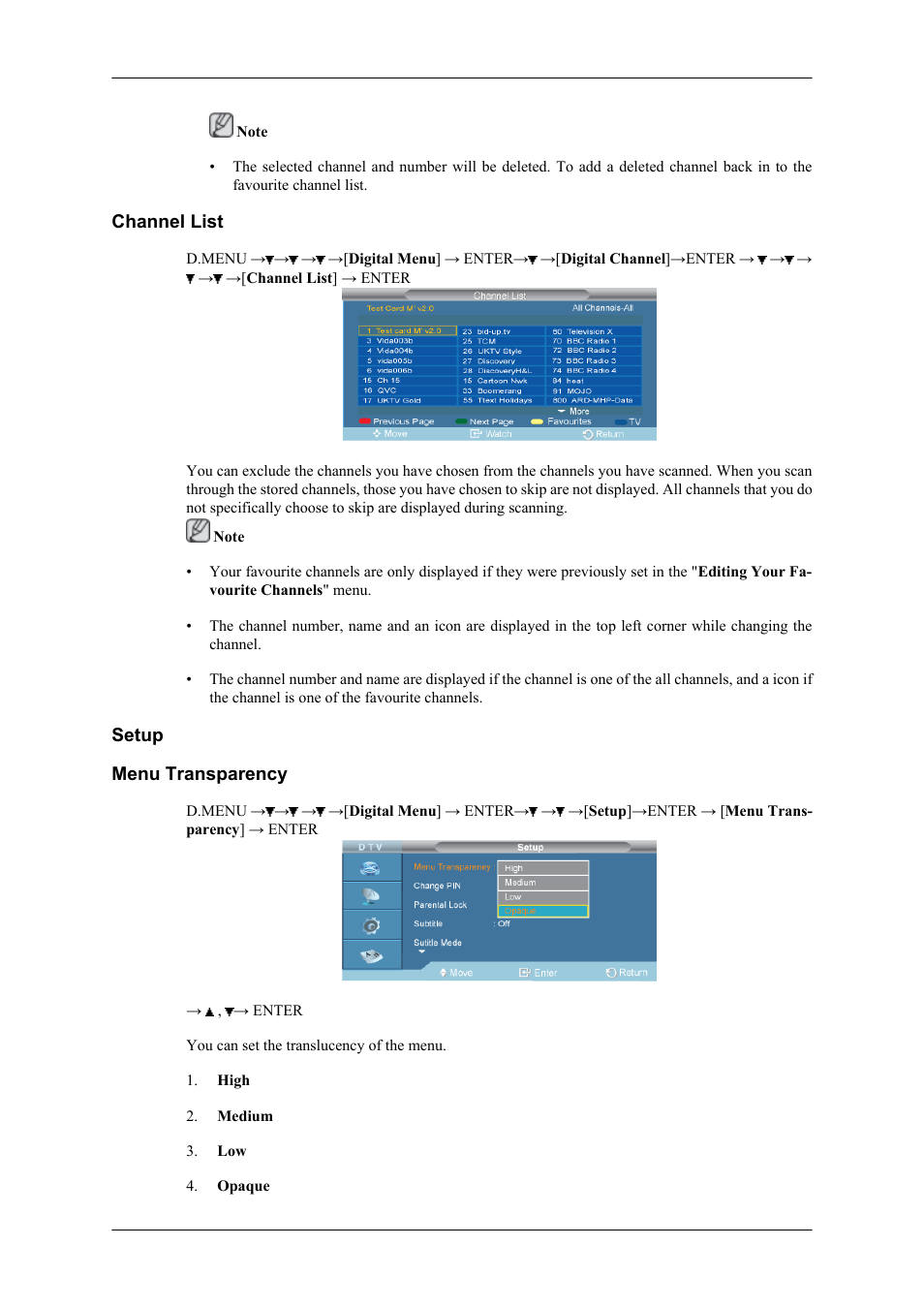 Channel list, Setup, Menu transparency | Samsung SBB-NT User Manual | Page 16 / 23