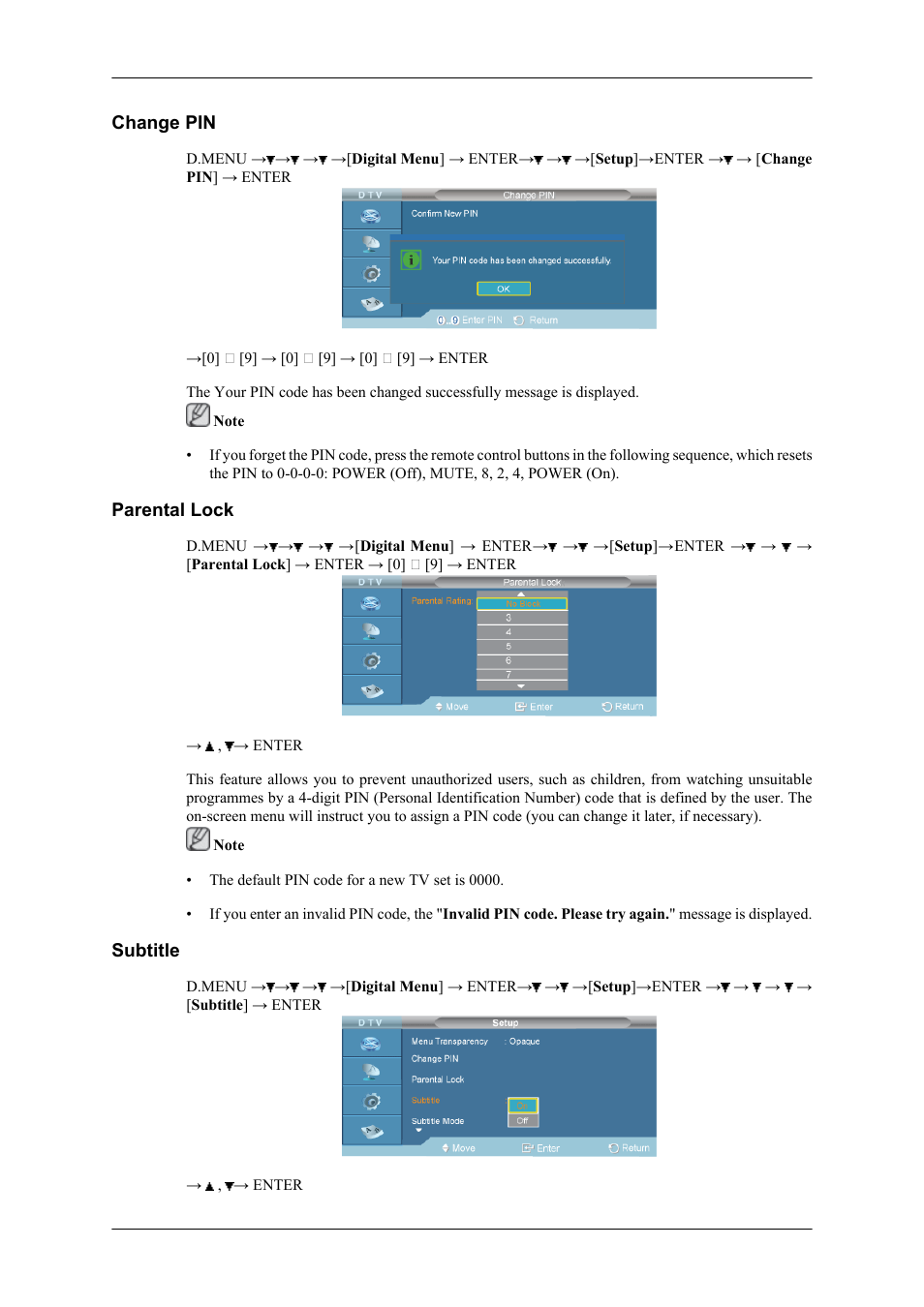 Change pin, Parental lock, Subtitle | Samsung SBB-NT User Manual | Page 17 / 23