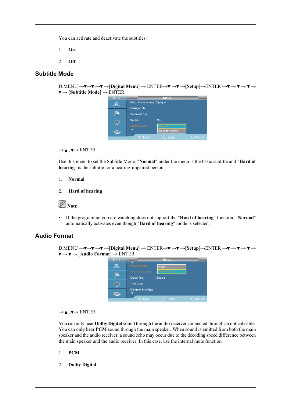 Subtitle mode, Audio format | Samsung SBB-NT User Manual | Page 18 / 23