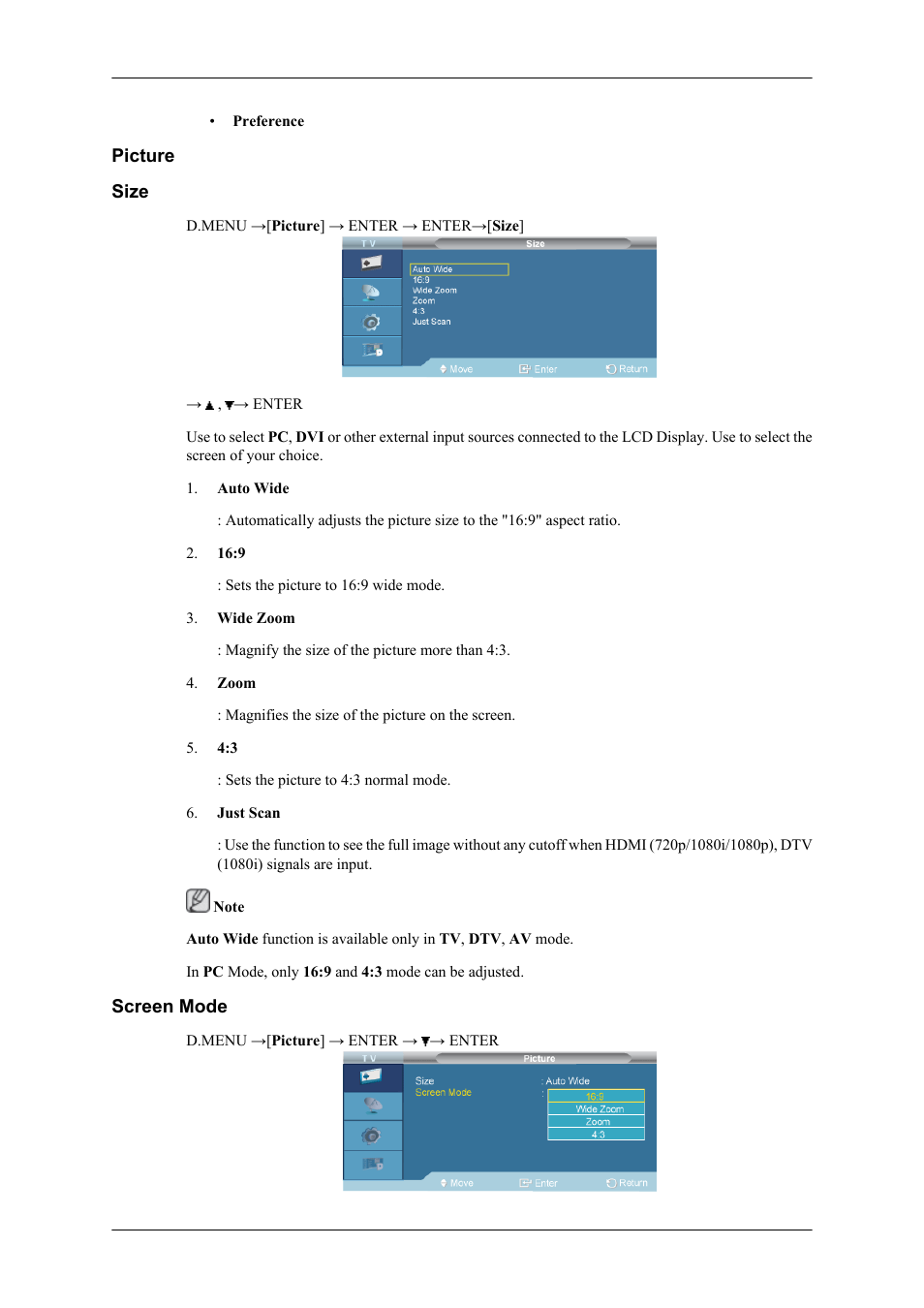 Picture, Size, Screen mode | Samsung SBB-NT User Manual | Page 4 / 23