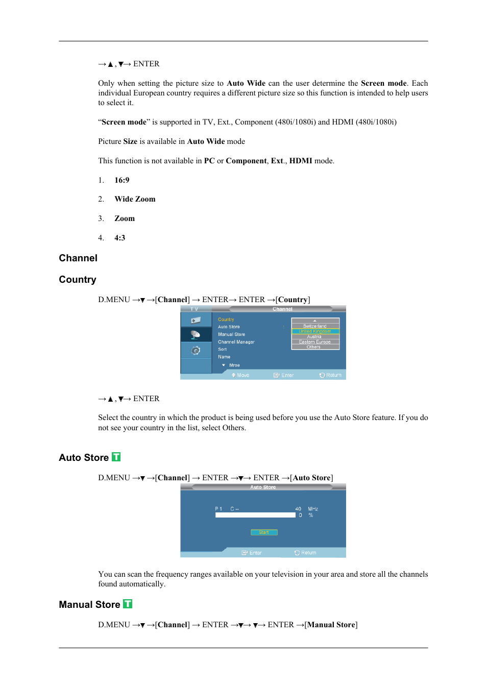 Channel, Country, Auto store | Manual store | Samsung SBB-NT User Manual | Page 5 / 23