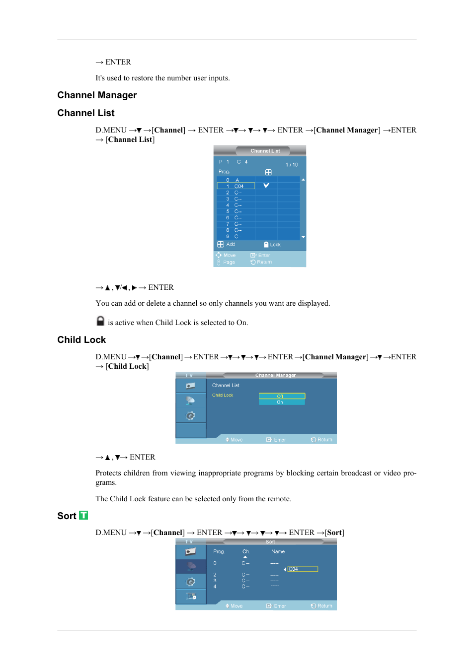 Channel manager, Channel list, Child lock | Sort | Samsung SBB-NT User Manual | Page 8 / 23