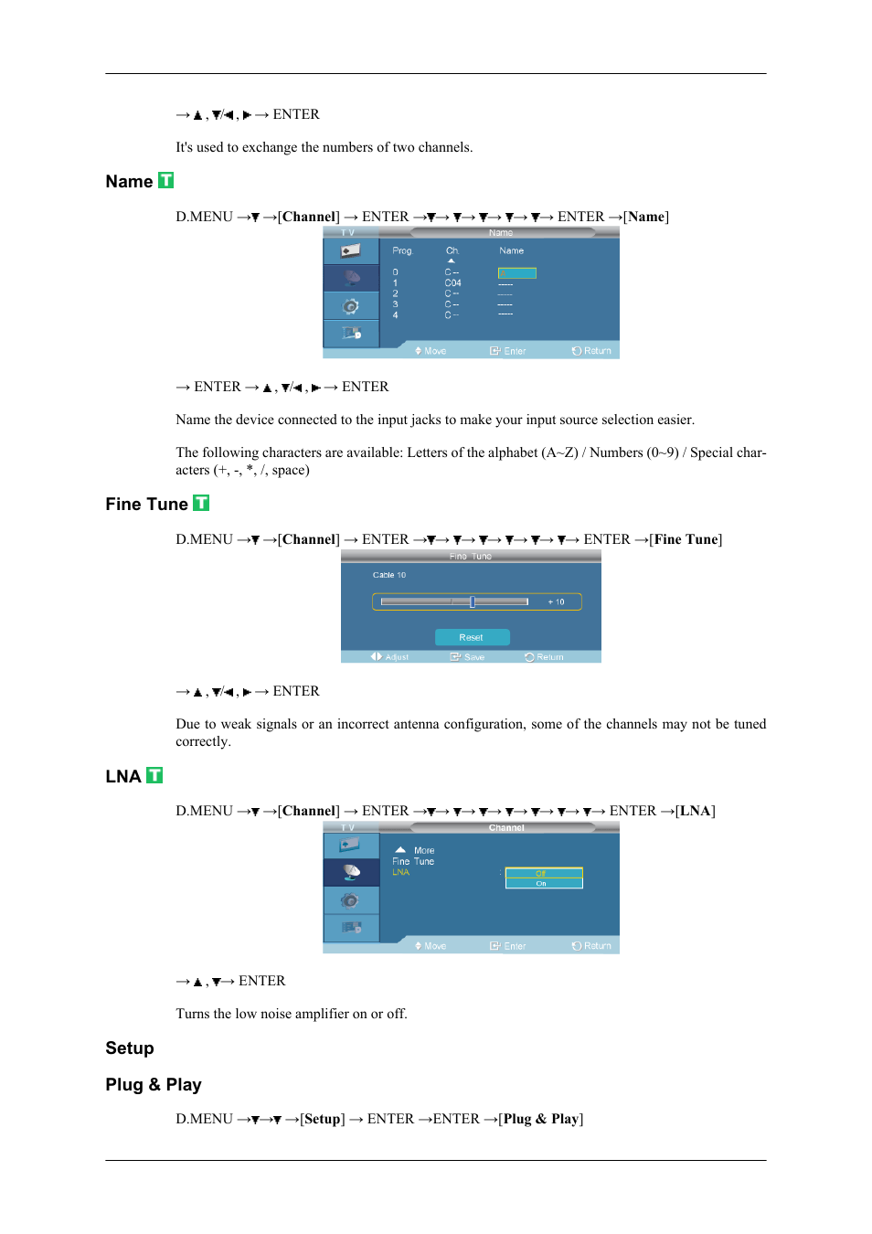 Name, Fine tune, Setup | Plug & play | Samsung SBB-NT User Manual | Page 9 / 23