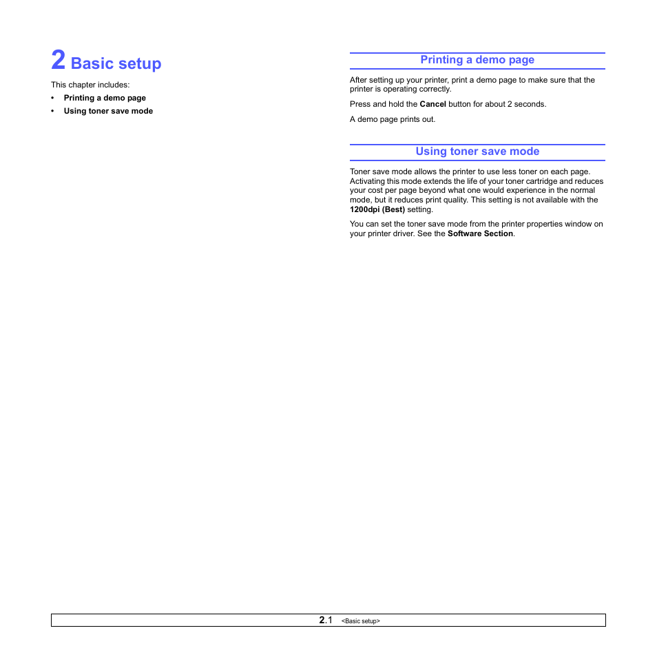 Basic setup, Using toner save mode | Samsung ML-2510 Series User Manual | Page 14 / 85