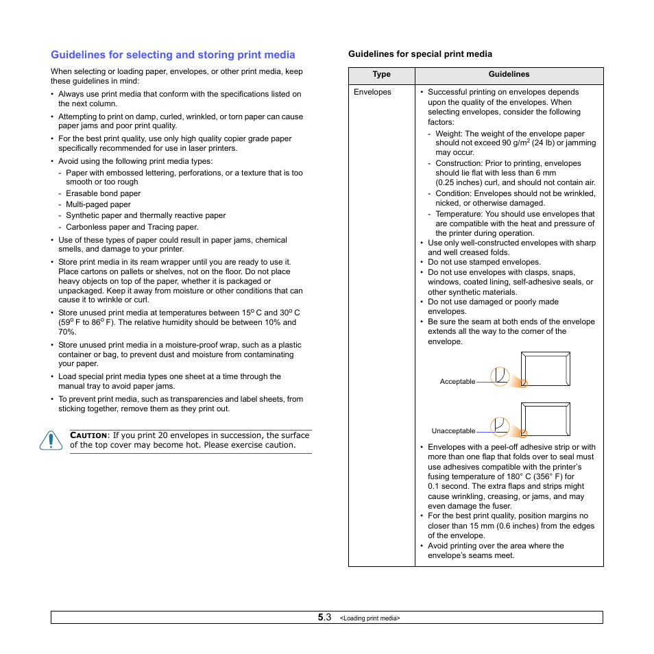 Guidelines for selecting and storing print media | Samsung ML-2510 Series User Manual | Page 22 / 85