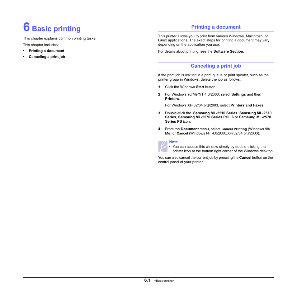 Basic printing, Printing a document, Canceling a print job | Printing a document canceling a print job | Samsung ML-2510 Series User Manual | Page 26 / 85