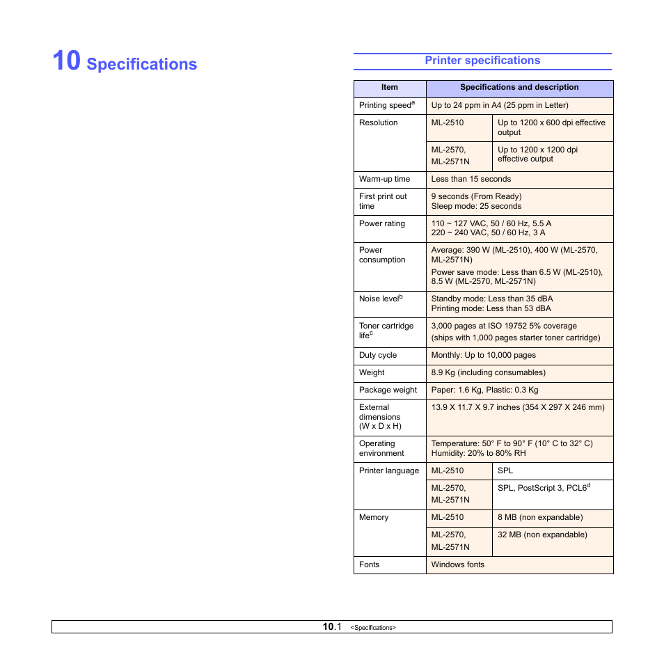 Specifications, Printer specifications | Samsung ML-2510 Series User Manual | Page 43 / 85