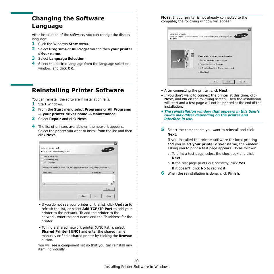 Changing the software language, Reinstalling printer software | Samsung ML-2510 Series User Manual | Page 56 / 85