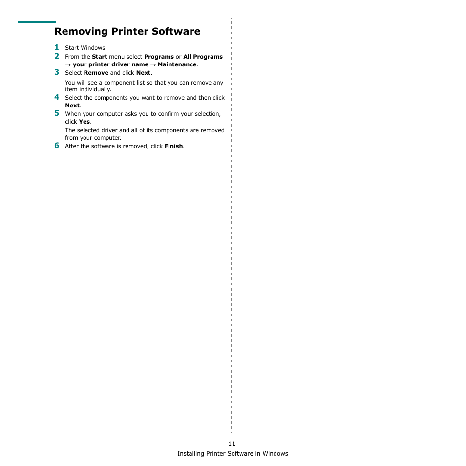 Removing printer software | Samsung ML-2510 Series User Manual | Page 57 / 85