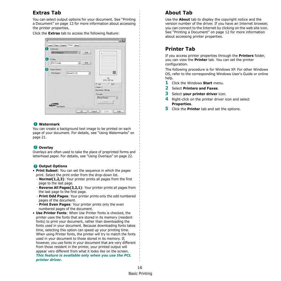 Extras tab, About tab, Printer tab | Extras tab about tab printer tab, Extras tab - about tab - printer tab | Samsung ML-2510 Series User Manual | Page 62 / 85