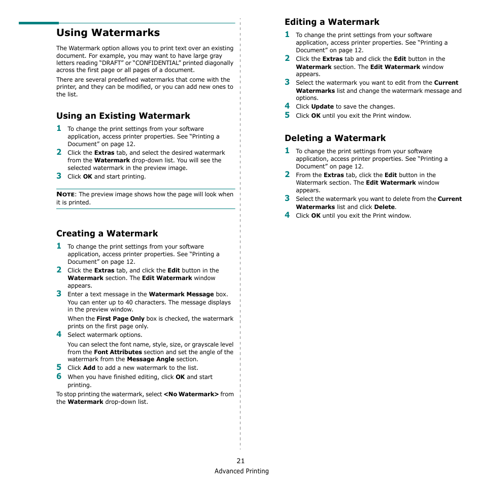 Using watermarks, Using an existing watermark, Creating a watermark | Editing a watermark, Deleting a watermark | Samsung ML-2510 Series User Manual | Page 67 / 85