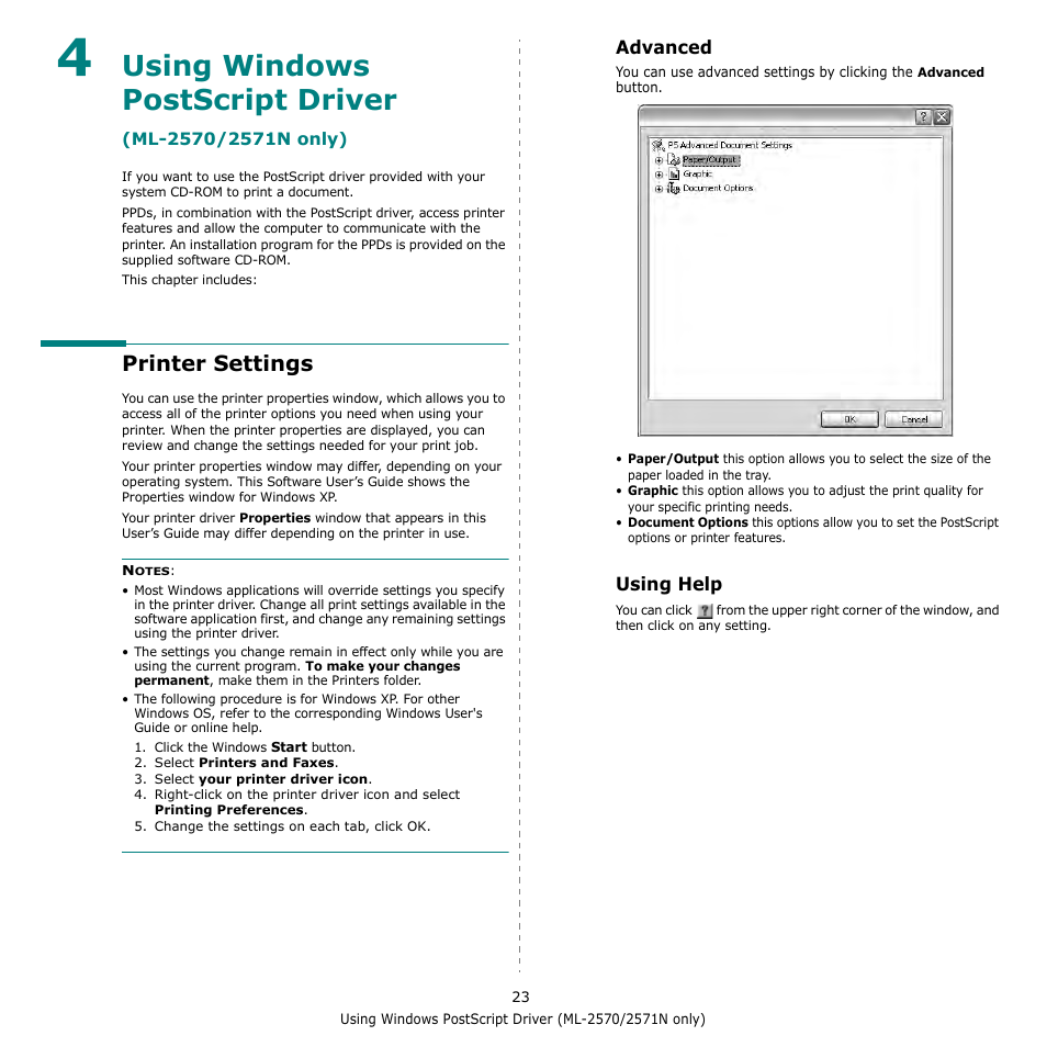 Printer settings, Advanced, Using help | Chapter 4, Sing, Indows, Cript, River, Ml-2570/2571n, Only | Samsung ML-2510 Series User Manual | Page 69 / 85