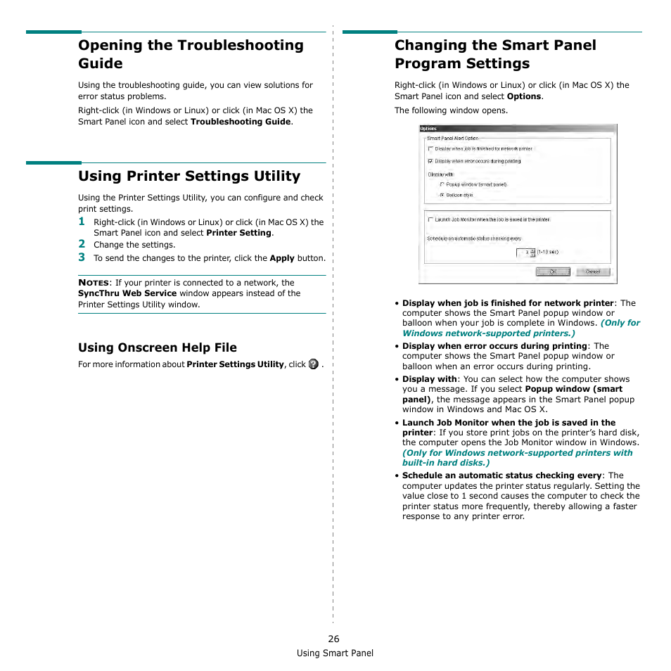 Opening the troubleshooting guide, Using printer settings utility, Using onscreen help file | Changing the smart panel program settings | Samsung ML-2510 Series User Manual | Page 72 / 85