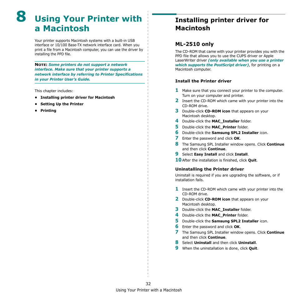 Using your printer with a macintosh, Installing printer driver for macintosh, Ml-2510 only | Chapter 8, Sing, Rinter, With, Acintosh | Samsung ML-2510 Series User Manual | Page 78 / 85