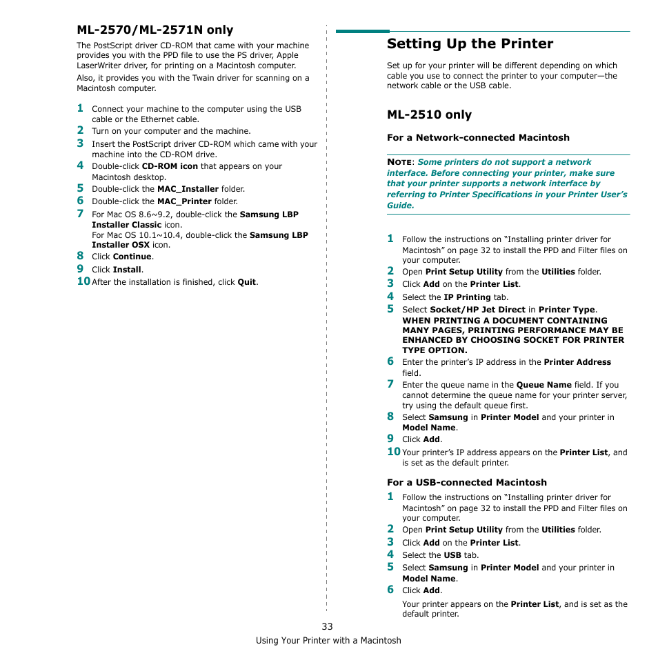 Ml-2570/ml-2571n only, Setting up the printer, Ml-2510 only | Samsung ML-2510 Series User Manual | Page 79 / 85